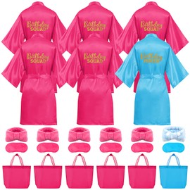 24 Pcs Girls Birthday Squad Robe Birthday Princess Robe Spa Party Supplies Unicorn Slumber Pajamas Includes 6 Robes 6 Tote Bags 6 Headbands 6 Eye Masks (UK, Age, 8 Years, Regular, Blue and Rose Red)