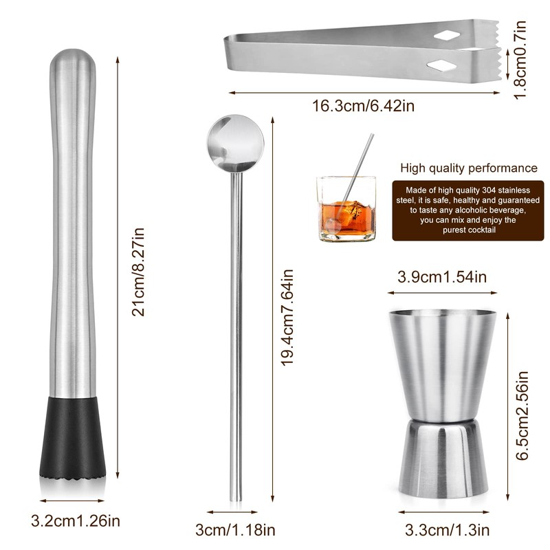Set of 4 Cocktail Muddler Set, Stainless Steel Mojito Cocktail