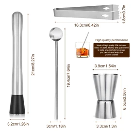 Set of 4 Cocktail Muddler Set, Stainless Steel Mojito Cocktail Muddler Bar Tool Set for Oktoberfest, Mojito Cocktail Stirring Spoon with Pestle Ice Clip Measuring Cup Mojito Set