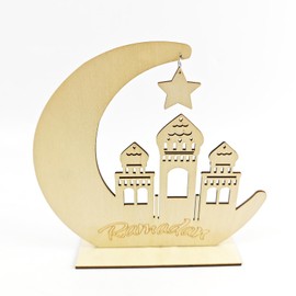 KYMY 2pcs Eid Mubarak Wood Table Stand Sign Ornaments, Moon Star Castle Tabletop Decorations, Ramadan Kareem Centerpieces for Islamic Muslim Festival Party Home Room Craft Supplies