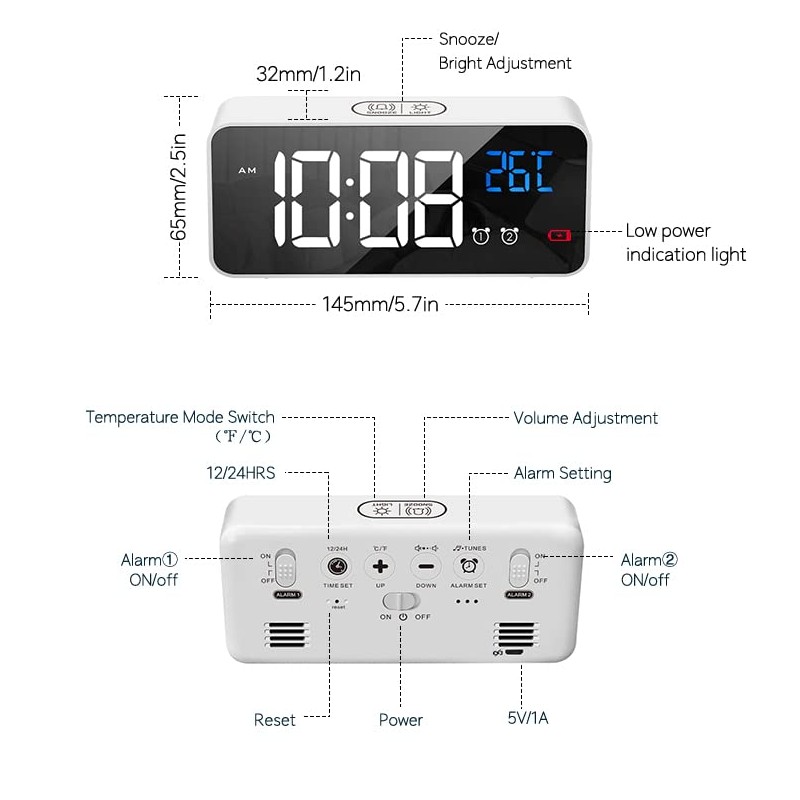 【2024 Upgraded】Digital Alarm Clock with Large Led Temperature Display, Portable
