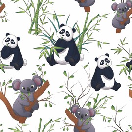 6 Sheets of 15"x15" Square Removable Panda eat Bamboo Koala on The Tree Wallpaper DIY Peel and Stick 3D Home Wall Decals Decor Wall Sticker for Nursery Kids Bedroom Bathroom Door Desk Floor (Animal)