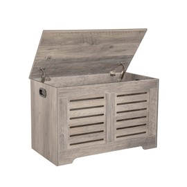DINZI LVJ Storage Chest, Wooden Toy Box Organizer with 2 Safety Hinges, Flip-top Entryway Shoe Bench, Good Ventilation, Retro Storage Bench for Living Room, Bedroom, Easy Assembly, Greige