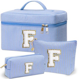 Personalized Monogram Makeup Bag, 3PCS Custom Monogrammed Toiletry Cosmetic Bag for 6-18 Teen Girls Women,Birthday Graduation Gifts Initial Pouch Makeup Bags for Women Girls, Make Up Bag (F, Blue)