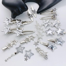 Y2K Harajuku Hair Jewelry Set for Women,Silver Punk Snap Clips and Star Barrettes, Goth Emo Rave Metal Accessories for All Hairstyles (Multi-Style Use)