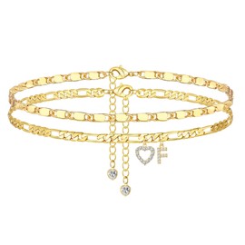 YOFECIO Ankle Bracelets for Women,14K Gold Plated Initial Anklets Dainty Heart Letter Ankle Bracelets Layered Gold Anklets for Women Non Tarnish A to Z Summer Beach Jewelry, Large, Brass, Cubic