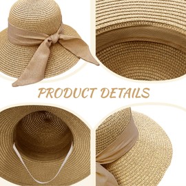 lifwimner Straw Sun Hats for Women UV Protection, Foldable Floppy Bowknot Straw Hats Wide Brim Summer Beach Cap with Chin Strap for Beach Vacation Travel Holiday (UK, Alpha, M, Khaki)