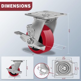 CWfutureparts 4"X2" Heavy Duty Casters, Polyurethane Caster Wheel on Industrial Polyolefin Center Core,Load Capacity 700lbs, Non-Marking Caster Wheels for Hospitals, Schools, Laboratories(1 Brake)