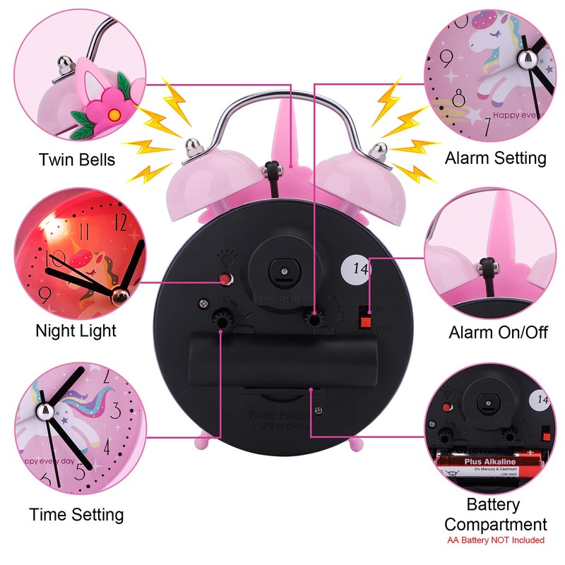 TCJJ Unicorn Alarm Clock for Girls - Non-Ticking, Quiet Bedside