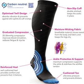 aZengear Compression Socks for Men, Women (20-30 mmHg) Anti DVT Calf Support Stockings, Flight Travel, Swollen Legs, Varicose Veins, Running, Sport, Nurses, Shin Splints, Pregnancy (L/XL, Black w/Blue)