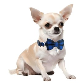 Blue Plaid Bow Dog Collar with Bell, Breakaway Cat Bell Collar with Bowtie Christmas Puppy Collars Boy for XXS Xs Small Tiny Little Pet Dogs Male Kitten, for Hoilday Birthday Party