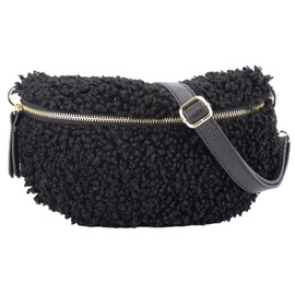 SH Leder ® Kate G358 Teddy Plush Waist Bag Women's Belt Bag for Festival Travel Bum Bag Medium Crossbody Bag Women with Genuine Leather Shoulder Strap 27 x 16 cm, black, fashion waist bag