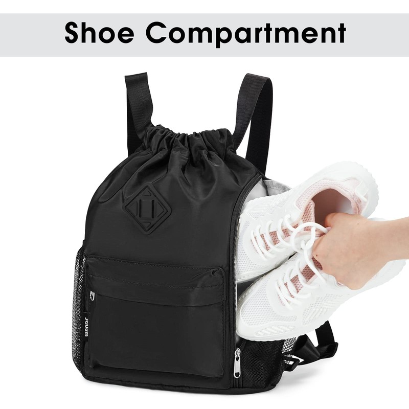 WANDF Drawstring Backpack Sports Bag with Shoe Compartment Water Resistant
