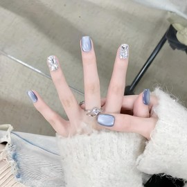 NEURAD Nail Tip, Magnetic Nail, Blue, 30 Pieces Short for Spring, Summer, Ice Blue Cat Eye, Handmade Sparkle, Premium Gel, Sheer Skin, Elegant, Minimal, Popular, Japanese Style, Cute, Simple, Stylish