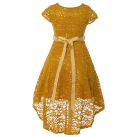 BluNight Collection Big Girls Short Sleeve Floral Lace Hi Lo Rhinestones Wedding Flower Girl Dress Mustard 12 (2J1KS98)