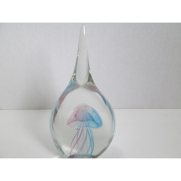 Jellyfish Paperweight in Art Decor Teardrop Clear Glass, Glow in The Dark 7" Tall, Aqua/Pink Color