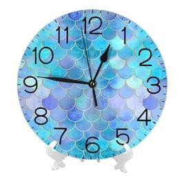THOEWONG Round Wall Clock Silent Non Ticking Clock 10 Inch Decor for Bathroom Bedroom Kitchen Office School, Mermaid Scale Ocean Animal Sea Beach Theme Teal Blue
