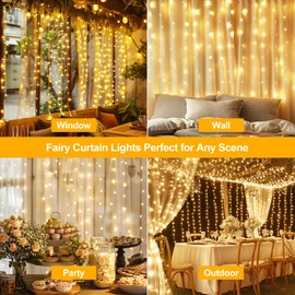 HOLITS 200 LED Fairy Curtain Lights, 6.6 x 6.6 FT Warm White USB Plug in 8 Modes String Hanging Lights with Remote for Christmas, Bedroom, Indoor, Outdoor, Weddings, Party (Warm White)