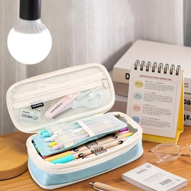 MAMUNU Expandable Pencil case with compartments, Large Capacity Pencil Cases Pencil Bag Pouch Adults, Portable Pencil Case Large School Stationery Organizer, Makeup Cosmetic Bag, Blue