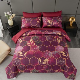 ANGIYUIN 7Pcs Burgundy and Gold Bed-in-A-Bag Honeycomb Hexagon Full Comforter Sets, 3D Geometric Watercolor Comforter Bedding Sets, Foil Print Bed Sets with Sheets for All Season (Burgundy, Full)