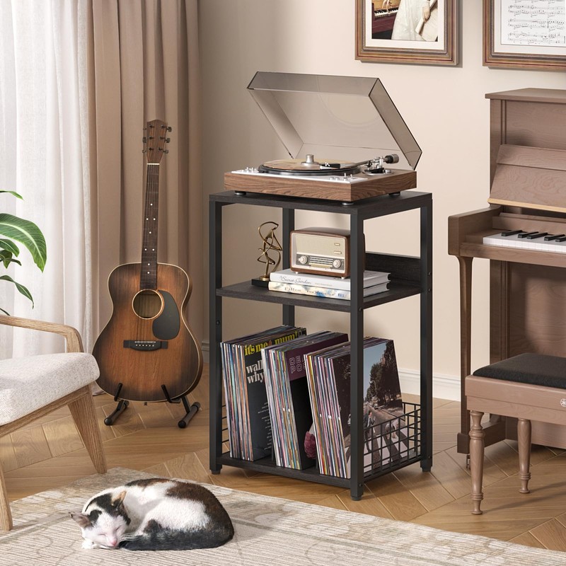 Large Rustic Grey Record Player Stand, 3 Tier 18" Wide