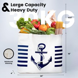 LANGCYGO Nautical Theme Anchor Large Canvas Tote Bag 12oz Aesthetic Tote Bag with an Inner Pocket, Top Zipper Closure Reusable Grocery Bags For Women, Shopping,Beach Grocery (Anchor XL)