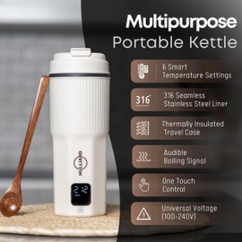 HULLIARD Travel Electric Kettle - 316 Stainless Steel, Portable Tea Kettle & Water Heater, 450ml Portable Water Boiler, 6 Temperature Settings, Auto Shut-Off, Universal Voltage (100-240V)