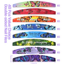 48 Pack Christian Gifts for Women Nail Files in Bulk 100/180 Grit Bible Verse Nail Boards Emery Boards Religious Gifts Party Supplies Doubled Sided Butterfly Nail Buffers for Natural Acrylic Nail