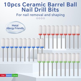 KAZIPOP 10Pcs Ceramic Nail Drill Bits Ceramic Barrel Ball Nail File Drill Bit Ceramic Safety Bits 3/32 Inch Cuticle Clean Nail Drill Bit for Manicure Pedicure Polishing (F)
