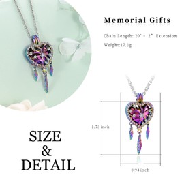 shajwo Dream Catcher Urn Necklace Heart Cremation Jewelry for Ashes for Women Men Angel Wing Flower Memorial Hollow Pendant,Full Rainbow