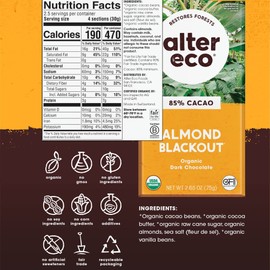 Alter Eco | Chocolate Bars | Pure Dark Cocoa, Fair Trade, Organic, Non-GMO, Gluten Free (12-Pack Almond Blackout)
