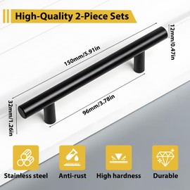 2 Pcs Black Kitchen Cupboard Handles – 96mm Hole Centre T Bar Kitchen Door Handles – Brushed Stainless Steel Cabinet Handle for Cupboards Drawers Wardrobes