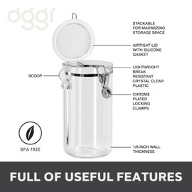 Oggi Clear Canister Airtight 72oz - Clamp Lid & Spoon - Airtight Food Storage Container, for Kitchen & Pantry Storage of Bulk, Dry Foods, Pasta, Flour, Sugar, Coffee, Rice, Tea, Spices & Herbs