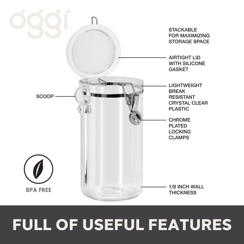 Oggi Clear Canister Airtight 72oz - Clamp Lid & Spoon