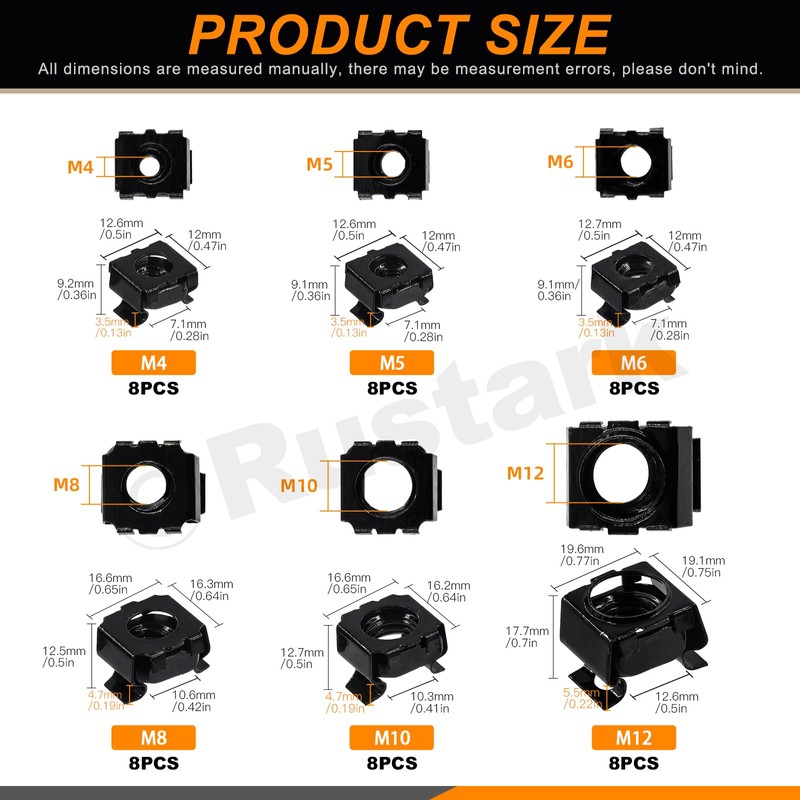 Rustark 48Pcs 6 Sizes Black Carbon Steel Cage Nut Metric