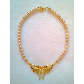 Unbranded IVORY GLASS PEARL NECKLACE WITH CRYSTAL BUTTERFLY GOLD FINISH MADE IN CZECH REP