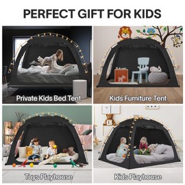 EighteenTek Bed Tent with Lights, Easy to Assemble Full Bed Canopy Black - Portable 90% Blackout Sleeping Tent with 2 Doors Breathable Private Indoor Tent for Bedroom Decor, Full Size