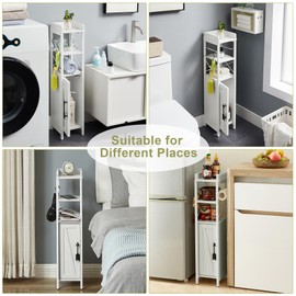 VECELO Slim Toilet Paper Holder, Small Cabinet with Door & 2 Shelves Fenced Top, Bathroom Narrow Storage Organizer for Restroom Bathroom Tiny Space, Pearl White