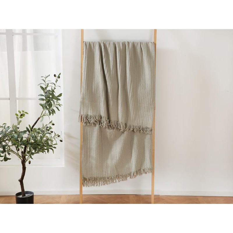 Coastline 100% Cotton Waffle Weave Blanket Throw with Fringe,Pre-Washed Soft