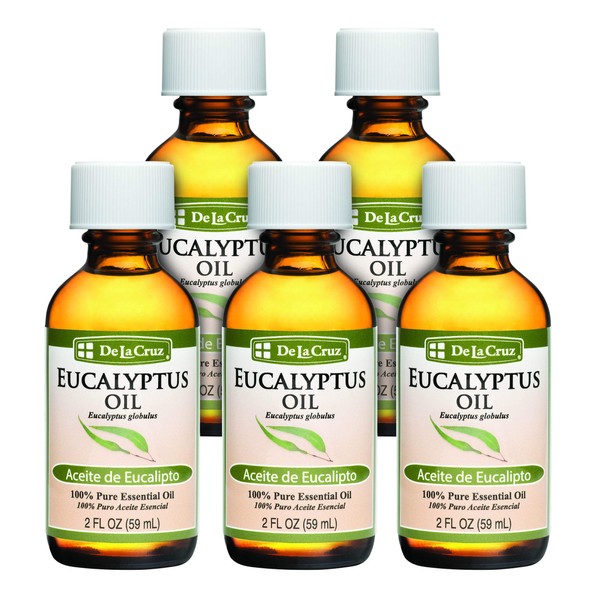 De La Cruz Eucalyptus Essential Oil Aromatherapy for Diffuser or Humidifier, 100% Pure Steam Distilled Eucalyptus Globulus 2 FL OZ (5 Bottles)