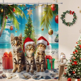LAEDCIITI Merry Christmas Shower Curtain Funny Summer Cute Cat Kitty Kitten Red Xmas Balls Tree Tropical Beach Palm Tree Sand Sea Holiday New Year Fabric Bath Curtain Set with Hook