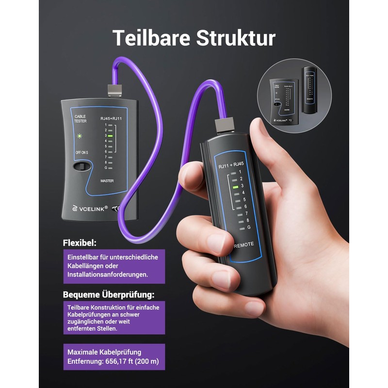 VCELINK Kabeltester, Netzwerktester Kabeltester für RJ45 RJ11 Kabel-Patchkabel-Leitungstester, LAN Tester,
