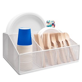 wishfly Paper Plate Holder for Countertop,Paper Plate Dispenser,Metal Silverware Caddy with 6 Compartments,Picnic and Camping Utensil Holder for Plates Cups Napkins Forks Knives Spoons-White