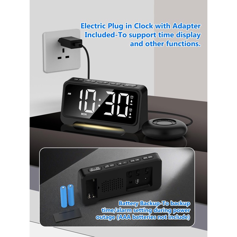 Alarm Clock with Vibration, Extra Loud Alarm Clock with Bed