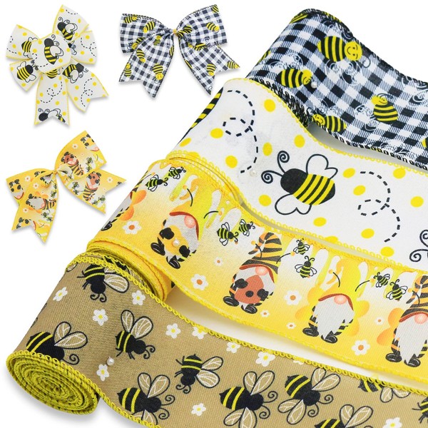 Bee Ribbon Bee Wired Edge Ribbons, Bumble Honey Bee Gnome