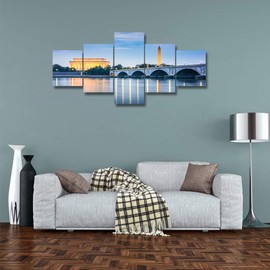 Arlington Lincoln Memorial over The Potomac River Picture Canvas Print - Modern Washington DC City Skyline Wall Art Home Decor - 5 Panel Framed Artwork for Office Living Room Wall Decor(50" Wx24 H)