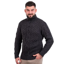 SAOL Aran Sweater for Men's Irish Fishermen Wool Zip Neck Sweater Cardigan Made in Ireland (US, Alpha, Large, Regular, Regular, Anthracite)