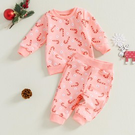 ZZLBUF Baby Boy Girl Christmas Outfits Long Sleeve Pullover Tops Sweatshirt Pants Set Infant Toddler Christmas Clothes (16- Candy Cane Pink, 2-3 Years)