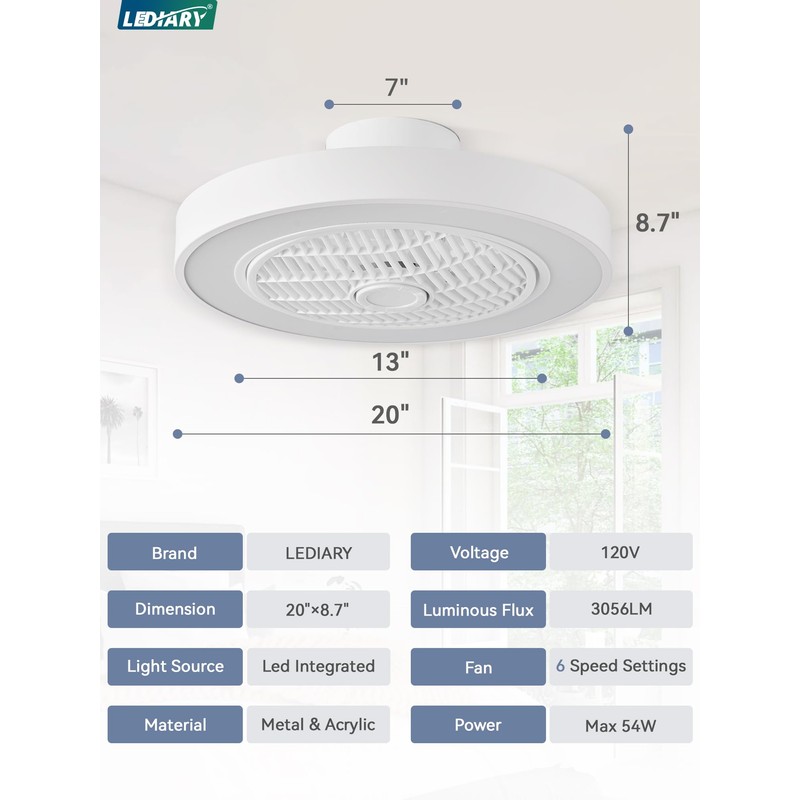 LEDIARY 20 Inch Low Profile Ceiling Fan With Light, Led