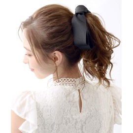 VINGTAINE H7072-BK- Asymmetrical Long Satin Ribbon Hair Clip, Beak Clip, Dakar Clip, Hair Access